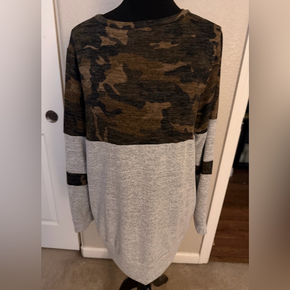 Womans Camo Block Crewneck Sweater - Olive & Heather Gray. Oversized fit